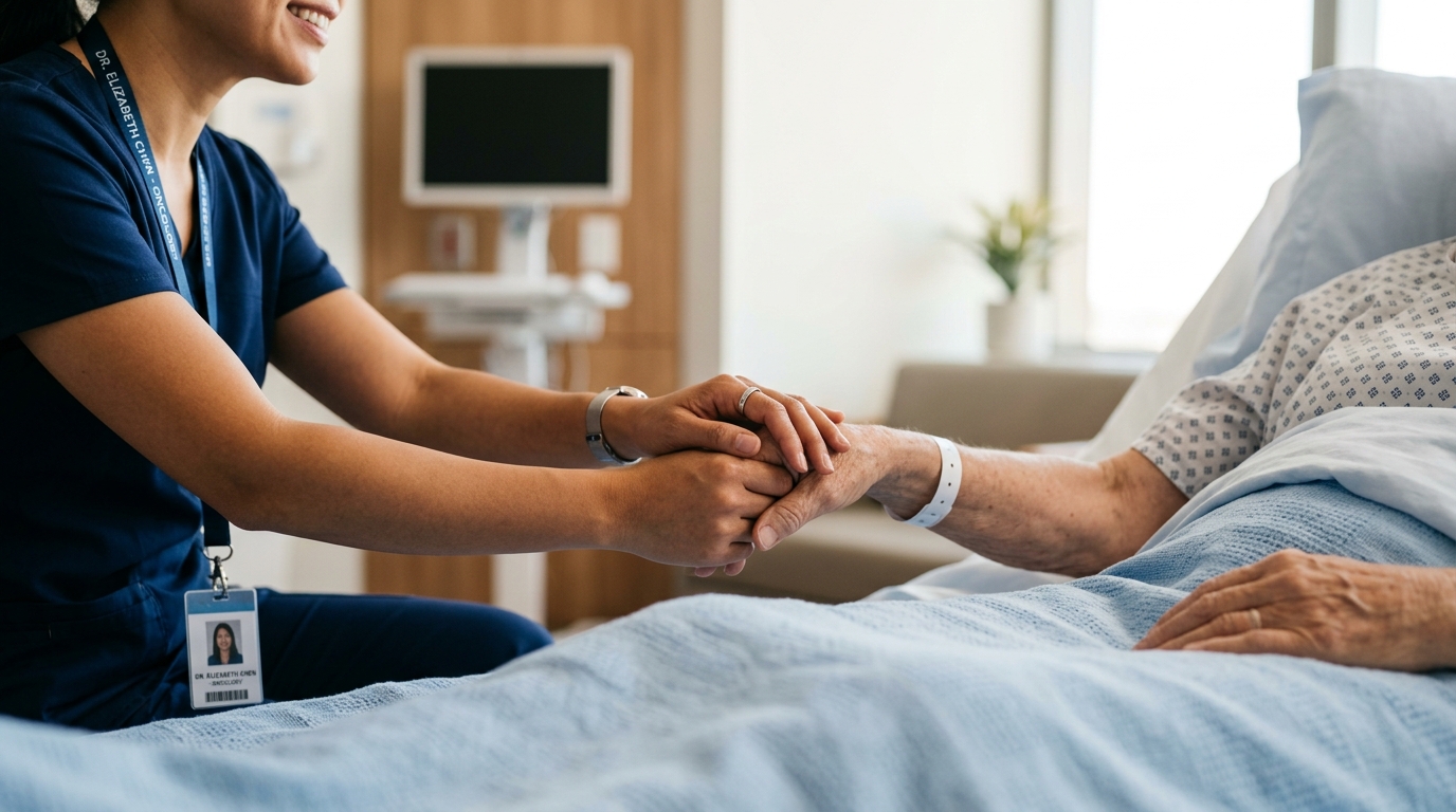 A healthcare provider supporting a patient's hand with care.